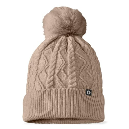DALIX Cable Knit Pom Beanie Soft Stretch Skully Warm Fuzzy Faux Sherpa Winter Ski Beanie - color: Tan