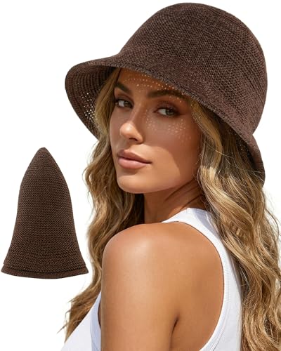 Babalet Mesh Woven Bucket Sun Hats for Women Floppy Wide Brim Beach Bucket Hat Foldable Lightweight UV Protection Summer Cap - color: Coffee
