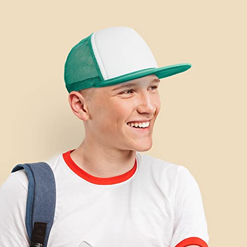 DALIX Flat Billed Trucker Hat Mesh Back S M L Adjustable Cap Solid Two Toned Snapback - color: Teal/White, size: One Size