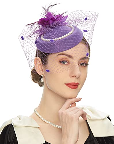 Pillbox Hats 20s 50s Vintage Fascinators for Women Tea Party Hats with Feather Mesh Veil Headband - color: E1-purple