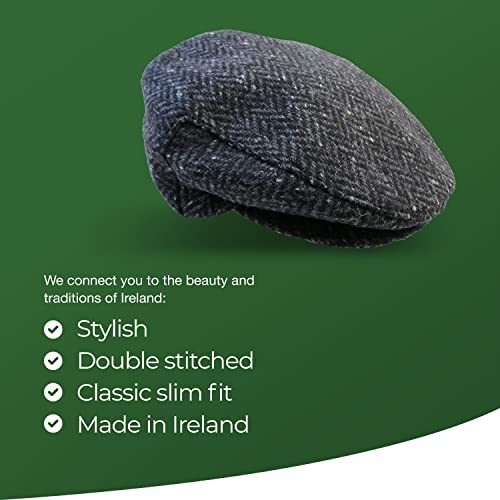 Biddy Murphy Newsboy Flat Cap, 100% Irish Wool - Made in Ireland - color: Gray Herringbone, size: X-Large