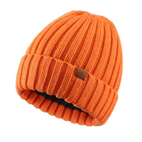Home Prefer Mens Winter Hat Wool Fleece Lined Knit Beanie Hat Warm Stocking Caps - color: Orange