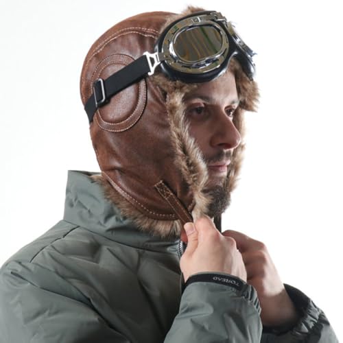 Harssidanzar Leather Outdoor Cycling Windproof Harley Goggles, Warm Pilot's hat,DU303 - color: Camel