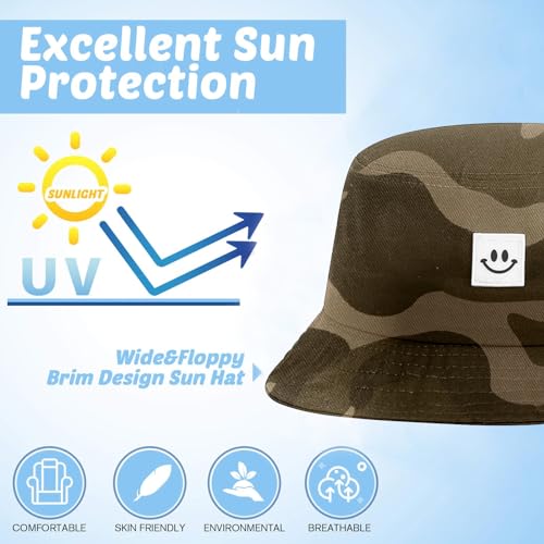 Kids Sun Hat Smile Face Bucket Hat for Girls Boys Summer Sun Protection Cotton Unisex Beach Cap - color: Camouflage