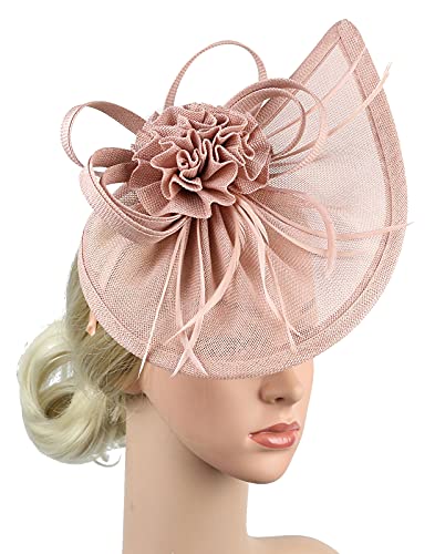 ORIDOOR Women Fascinators Derby Church Tea Party Wedding Flower Feathers Headpiece with Headband Clips - color: 21c Pink