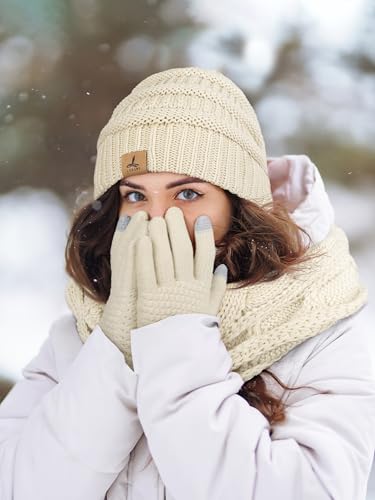 LOROME Winter Beanie Hat Scarf Gloves, Warm Fleece Knit Neck Scarf Set Gift - color: Beige