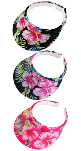 3 Pack Sports Sun Visor Hat Women Men Adjustable Clip On Visors Outdoor Golf Beach Cap - color: Flower-black, Navy, Rose