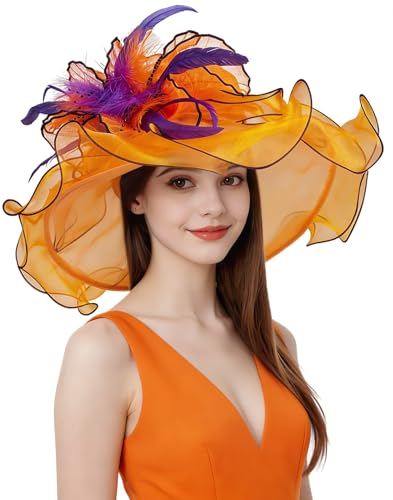 Organza Church Derby Hats for Women Wedding Tea Party Fascinator Floral Wide Brim Sun Hat - color: Style05 Orange Purple