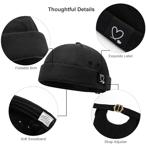 Mens Docker Cap Brimless Skullcap Sailor Cap Rolled Cuff Retro Beanie Hat - color: Double Heart Black