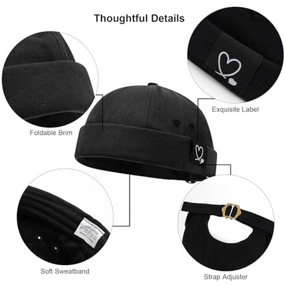 Mens Docker Cap Brimless Skullcap Sailor Cap Rolled Cuff Retro Beanie Hat - color: Double Heart Black