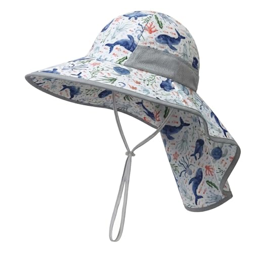icolor Kids Sun Hat UPF50+ Sun Protection Bucket Hat Toddler Summer Beach Play Hats with Neck Flap for Girl Boy Ages 3~10 - color: Deep Sea Creature