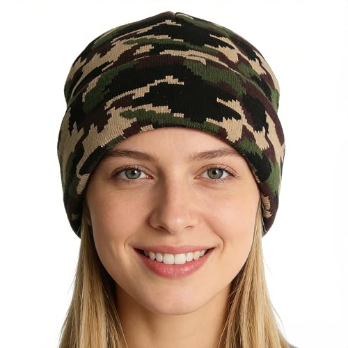 American Flag Beanie, USA Embroidered Winter Hat for Women Men - color: Camo-green