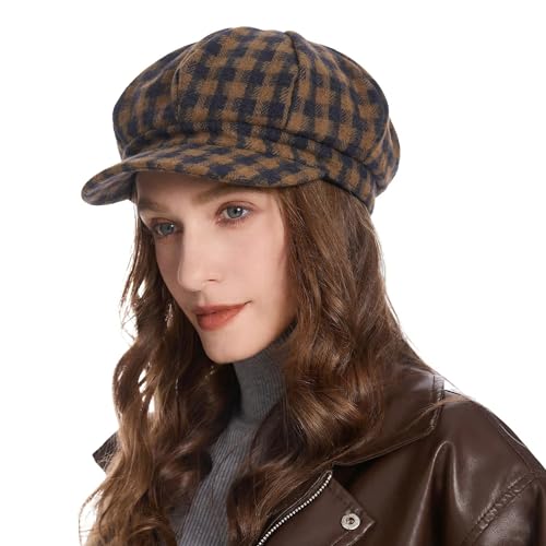 ZLYC Women Classic Newsboy Cap Visor 8 Panel Gatsby Cabbie Paperboy Hat - color: Gingham Khaki and Navy