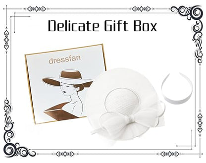 dressfan Wide Brim Fascinator Hats for Women,20s Linen Rhinestones Bow Big Hat for Derby Church Wedding Tea Party - color: White