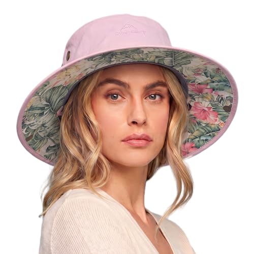 ChicPony™ Big Head Womens Ponytail Bucket Sun Hat Cooling Quick-Dry - color: Pink - Floral Garden, size: Medium