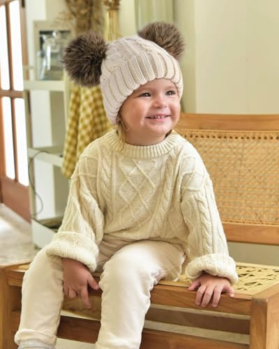 FURTALK Toddler Winter Hat Knit Beanie Double Faux Fur Pompoms Girls Boys - color: Cream White, size: 6-24 Months