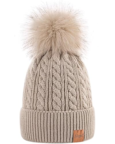 Alepo Womens Winter Beanie Hat, Warm Fleece Lined Knitted Soft Ski Cuff Cap with Pom Pom - color: Beige