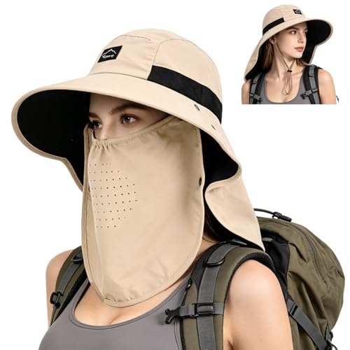 Outdoor Sun Hat for Men Women, UPF 50+ Safari Cap Fishing Hat with Detachable Face Cover & Neck Flap Beach Garden Hiking - color: 1pack-beige