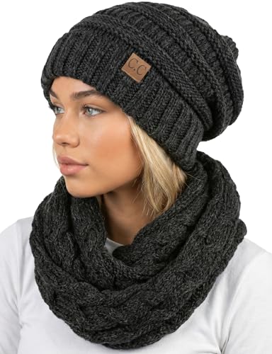 Funky Junque Slouchy Beanie & Infinity Scarf Gift Set – Matching Winter Accessories Sets for Women, Oversized Hat and Scarves - color: An Onyx Black Tricolor Mix