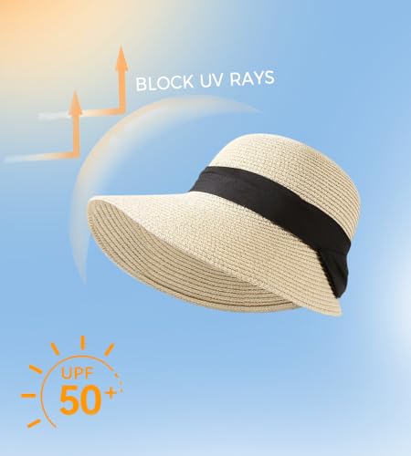 Women's Sun Straw Hats Summer Wide Brim Beach Hat UPF 80+ Travel Vacation Accessories Packable Foldable Cap - color: Beige