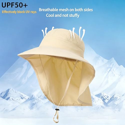 Ponytail Hole Kids Sun Hat with Neck Flap UV Protection Wide Brim Safari Hat for Boys Girls Breathable Mesh 6-12T - color: Beige