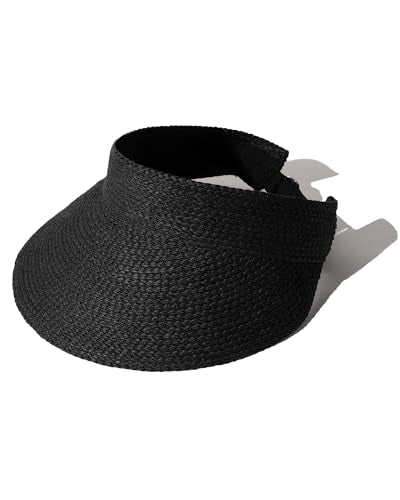FURTALK Sun Visors for Women Straw Summer Hat Packable Wide Brim Beach Cap - color: Black