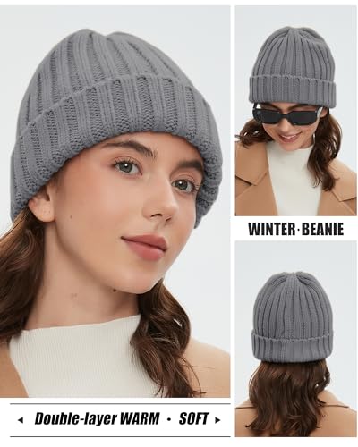 Fleece Lined Wool Beanie Hat Women Men,Winter Knit Chunky Snow Cap - color: 1-grey