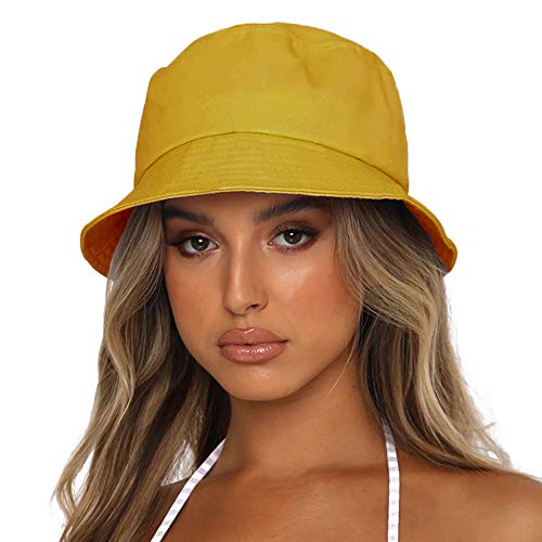 Bucket Hat for Women Men, Reversible Cotton Summer Sun Beach Cap Solid Color Style - color: A-apricot