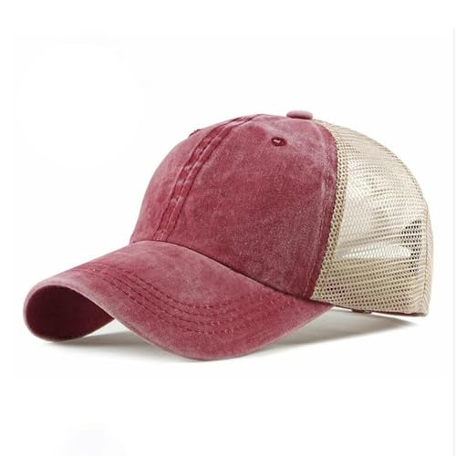 CLAPE Vintage Mesh Baseball Cap Low Profile Trucker Hat for Men Breathable Cotton Summer Cool Hat Outdoor Ball Cap - color: Zm02-wine Red