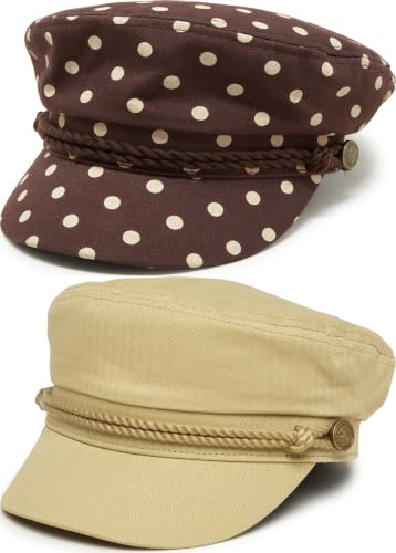 Funky Junque Greek Fisherman Newsboy Cap, Cotton Captains Bakerboy Hat - color: 2 Pack - Polka Dots - Brown & Solid Khaki