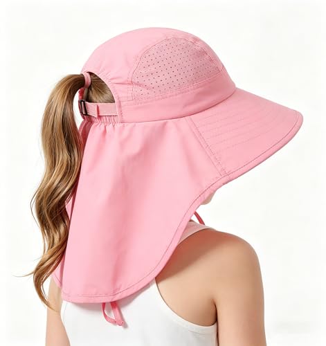 Ponytail Hole Kids Sun Hat with Neck Flap UV Protection Wide Brim Safari Hat for Boys Girls Breathable Mesh 6-12T - color: Pink