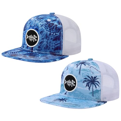 BASSDASH 2 Pack Flat Brim Trucker Cap Adjustable Snapback Hat Mesh Back for Men Women Fishing Hunting - color: Pack of 2, Blue Camo & Palm Trees
