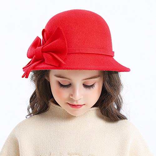 Bienvenu Kids Girls Winter Warm 100% Wool Bucket Hats Fedoras with Bowknot - color: Red