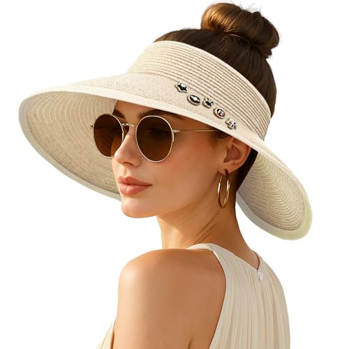 Women's Sun Visor Hats Wide Brim Straw Beach Hat Ponytail Hats for Women Foldable Floppy - color: 1pack-beige Diy Black