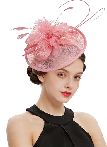 Z&X Sinamay Fascinator Hat Floral Feather Pillbox Derby Hats for Women Wedding Tea Party with Headband Clip - color: 007 Pink