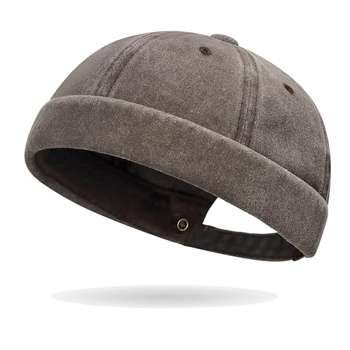 Sailor Brimless Skull Hat, Washed Cotton Docker Hat for Men Vintage - color: Coffee