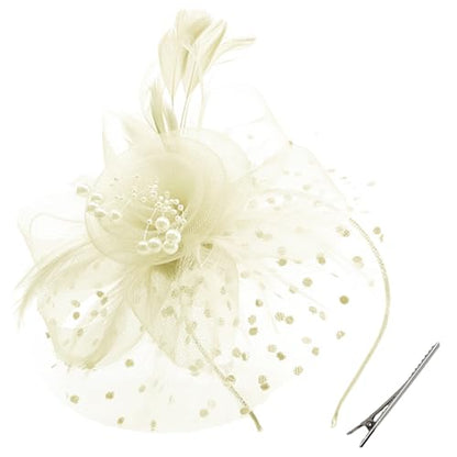 WLBON Fascinators Hat 20s 50s Headband Hair Clips Flower Mesh Veil Feather Headpiece Headwear Women Halloween Carnival Cocktail Wedding Church Cosplay Dress Up Birthday Tea Party Accessories Beige - color: Biege Tone