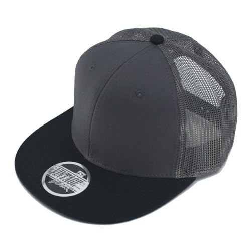 Plain Cotton Twill Flat Brim Mesh Adjustable Snapback Trucker Baseball Cap - color: Black/Charcoal/Charcoal