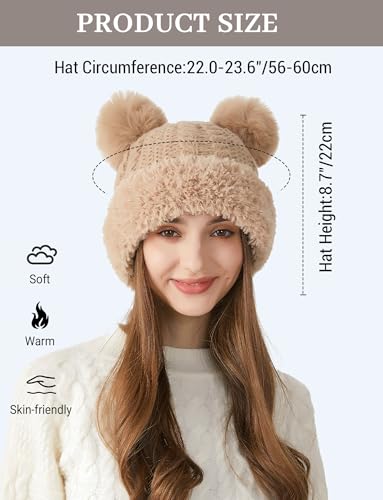 FEOYA Womens Knit Winter Beanie Hat with Faux Fur Pompom Fuzzy Cute Knit Fleece Lined Skull Cap - color: Khaki
