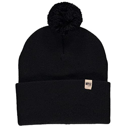 100% Merino Wool - Midweight Cuff Pom Beanie - Winter Pom Pom Hat - color: Black
