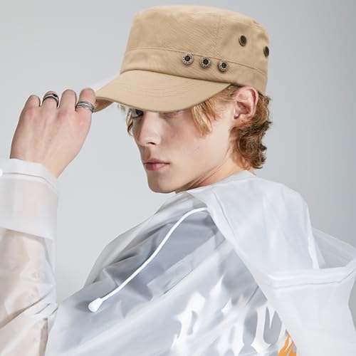 Unisex Cadet Army Cap Adjustable Flat Top Cap Washed Cotton Military Hat Baseball Cap - color: Beige 3
