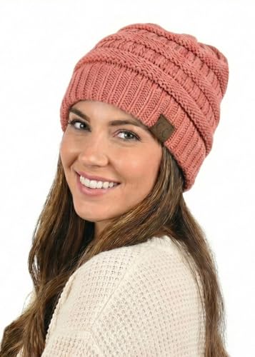 C.C Unisex Chunky Soft Stretch Cable Knit Warm Fuzzy Lined Skully Beanie - color: Salmon Pink