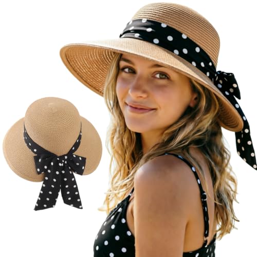 AQOKKA Women Sun Hats Straw Wide Brim Bowknot Bucket Cap Floppy Foldable Summer Beach Hats for Women Outdoor UPF 50+ - color: 1 Pack Beach: Khaki With Black Bow