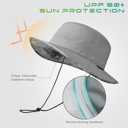 UPF 50+ Foldable Sun Hat Patterned Under Brim Bucket Hats for Summer Hiking Fishing Beach Safari Men Women - color: Light Grey, size: Large