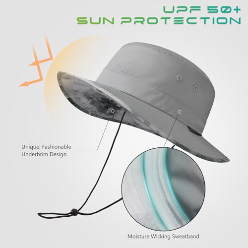 UPF 50+ Foldable Sun Hat Patterned Under Brim Bucket Hats for Summer Hiking Fishing Beach Safari Men Women - color: Light Grey, size: Medium