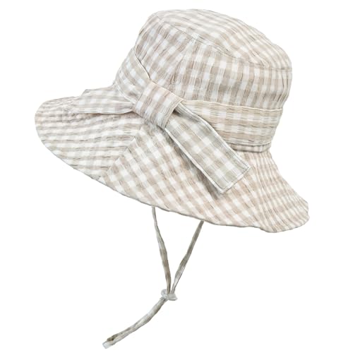 Women's Summer Plaid Sun Hat 100% Cotton Beach UV Protection Fishing Hat - color: Beige