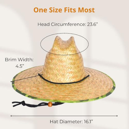 6 Pack Straw Hats – Bulk Wide Brim Lifeguard Sun Hats for Men & Women with Adjustable Chin Strap - color: Natural Straw With Camo Lining