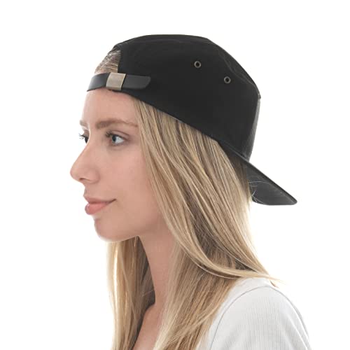 The Hat Depot Made in USA Cotton Twill 5 Panel Flat Brim Genuine Leather Brass Biker Board Cap - color: Black