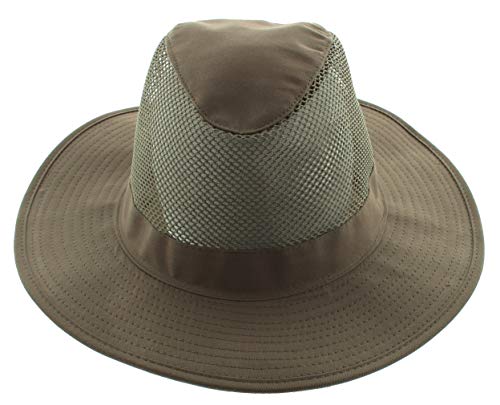 Wide Brim Outdoor Safari Summer Sun Hat with Neck Flap - color: Brown - Mesh Crown, size: Large