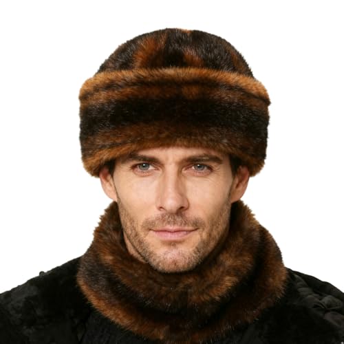 PURFUN Mens Faux Fur Trapper Hat Old Dad Winter Cozy Warm Furry Russian Ushanka Hat Windproof Running Hunting Ski Cap Beanie - color: Coffee